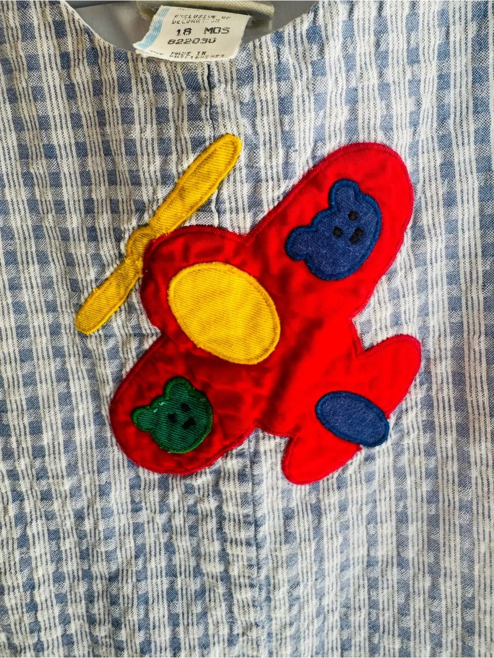 Baby Blue Seersucker Airplane Appliqué One-Piece